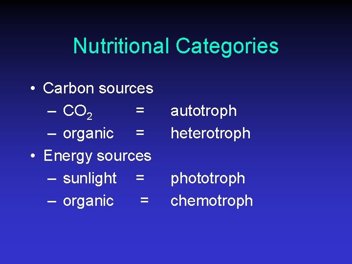 Nutritional Categories • Carbon sources – CO 2 = – organic = • Energy