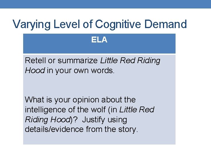 Varying Level of Cognitive Demand ELA Retell or summarize Little Red Riding Hood in Varying Level of Cognitive Demand ELA Retell or summarize Little Red Riding Hood in
