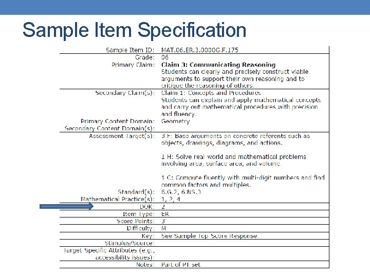 Sample Item Specification Sample Item Specification
