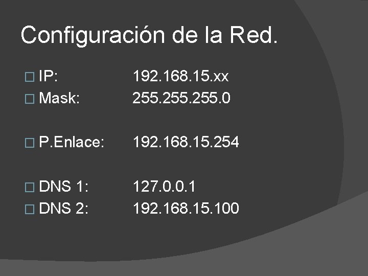 Configuración de la Red. � IP: � Mask: 192. 168. 15. xx 255. 0