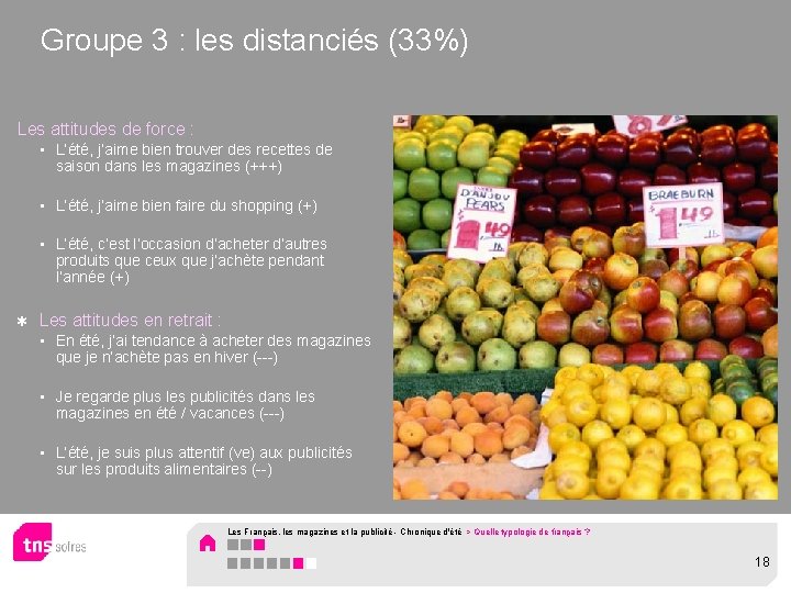 Groupe 3 : les distanciés (33%) Les attitudes de force : • L’été, j’aime