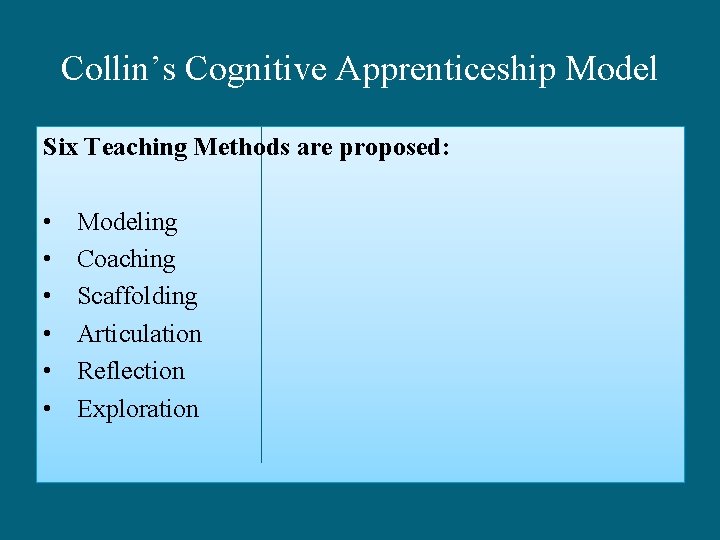 Collin’s Cognitive Apprenticeship Model Six Teaching Methods are proposed: • • • Modeling Coaching
