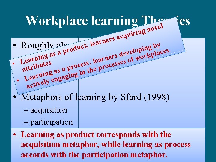 Workplace learning Theories ovel rs e n r a ; le • Roughly classified
