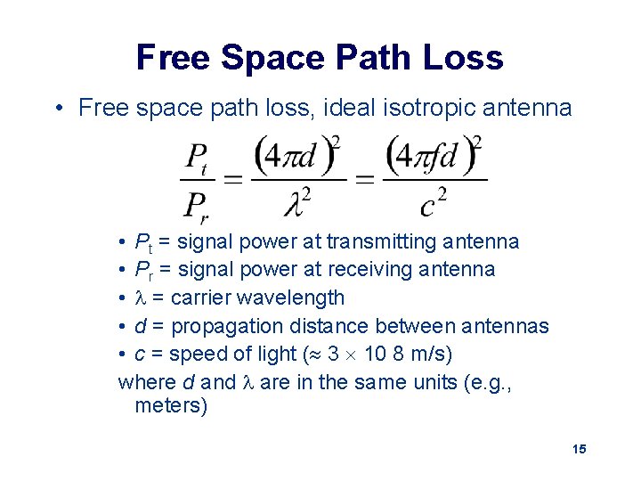 Free Space Path Loss • Free space path loss, ideal isotropic antenna • Pt