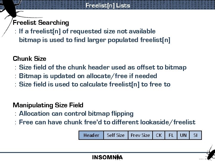 Freelist[n] Lists Freelist Searching : If a freelist[n] of requested size not available bitmap