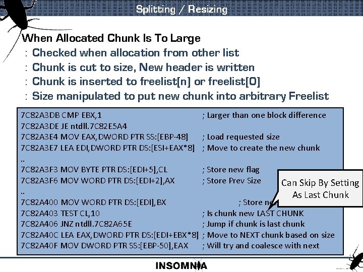 Splitting / Resizing When Allocated Chunk Is To Large : Checked when allocation from