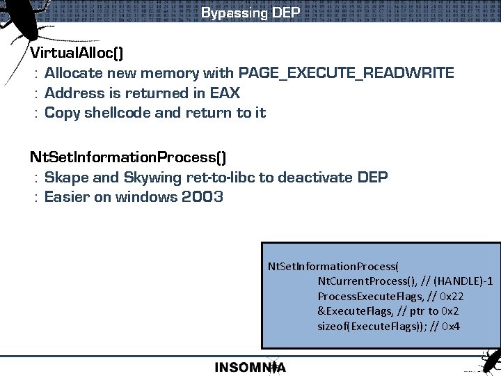 Bypassing DEP Virtual. Alloc() : Allocate new memory with PAGE_EXECUTE_READWRITE : Address is returned