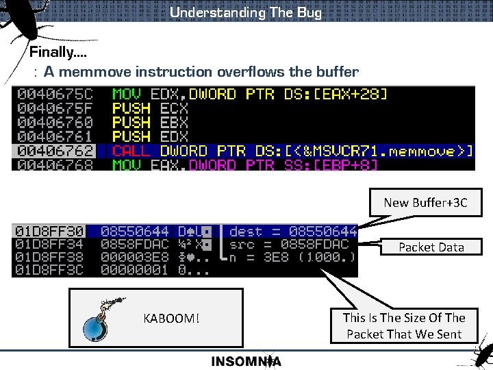 Understanding The Bug Finally. . : A memmove instruction overflows the buffer New Buffer+3