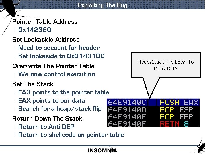 Exploiting The Bug Pointer Table Address : 0 x 142360 Set Lookaside Address :