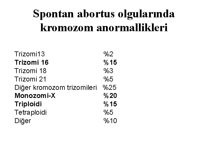 Spontan abortus olgularında kromozom anormallikleri Trizomi 13 Trizomi 16 Trizomi 18 Trizomi 21 Diğer