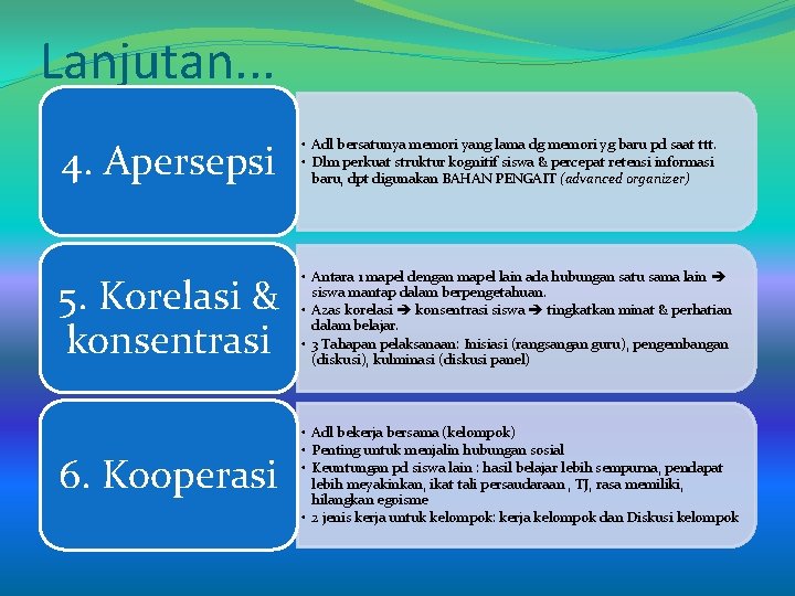 Lanjutan. . . 4. Apersepsi • Adl bersatunya memori yang lama dg memori yg