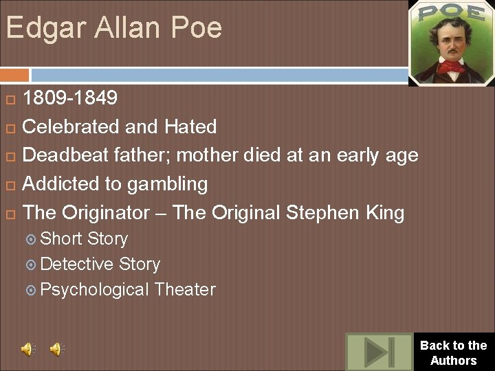 Edgar Allan Poe 1809 -1849 Celebrated and Hated Deadbeat father; mother died at an