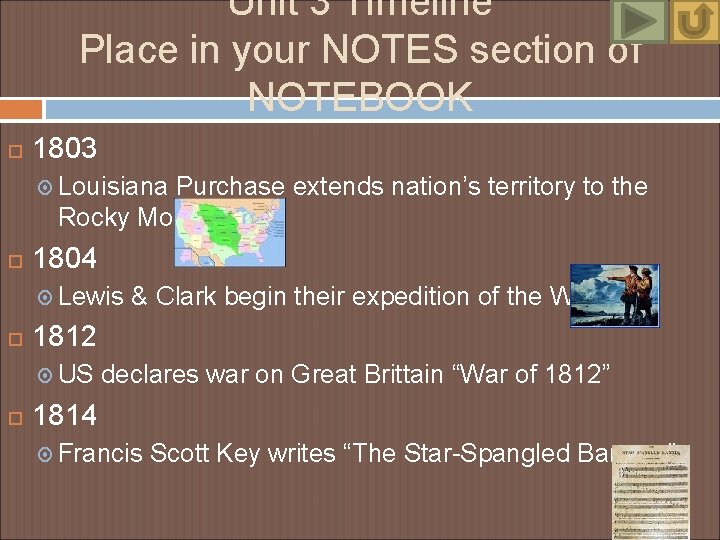 Unit 3 Timeline Place in your NOTES section of NOTEBOOK 1803 Louisiana Purchase extends