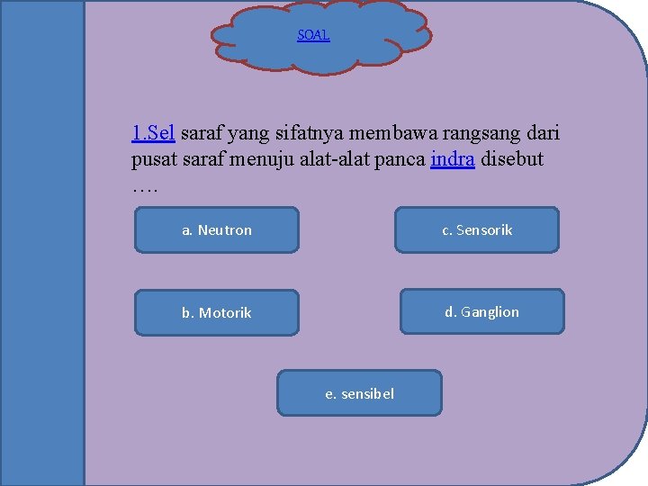 SOAL 1. Sel saraf yang sifatnya membawa rangsang dari pusat saraf menuju alat-alat panca