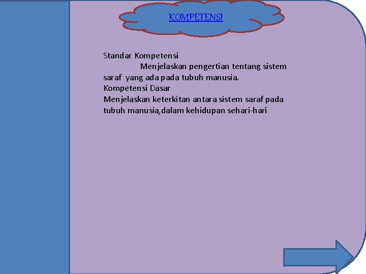 KOMPETENSI Standar Kompetensi Menjelaskan pengertian tentang sistem saraf yang ada pada tubuh manusia. Kompetensi