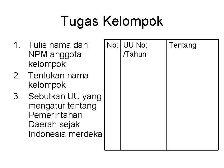 Tugas Kelompok No: UU No: 1. Tulis nama dan /Tahun NPM anggota kelompok 2.