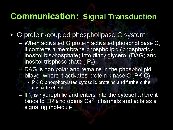 Communication: Signal Transduction • G protein-coupled phospholipase C system – When activated G protein