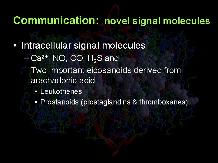Communication: novel signal molecules • Intracellular signal molecules – Ca 2+, NO, CO, H
