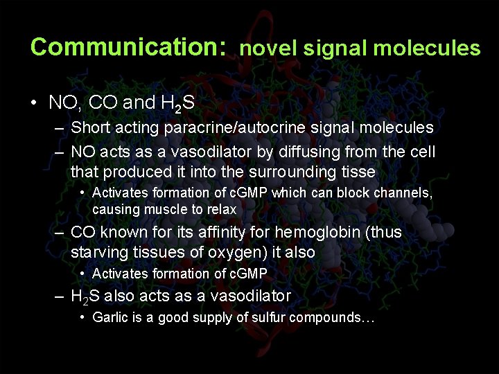Communication: novel signal molecules • NO, CO and H 2 S – Short acting