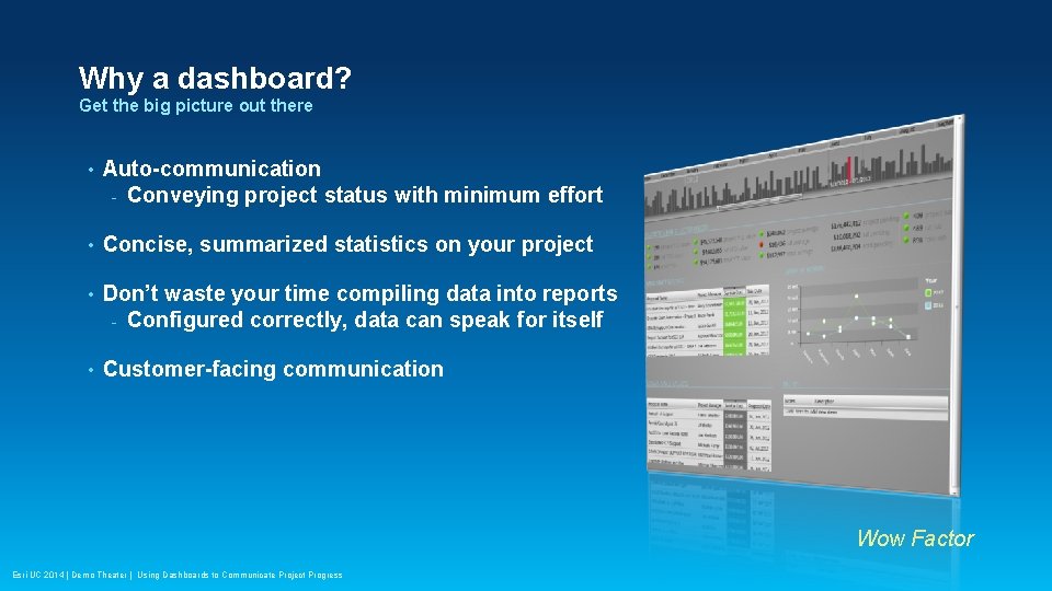 Why a dashboard? Get the big picture out there • Auto-communication - Conveying project
