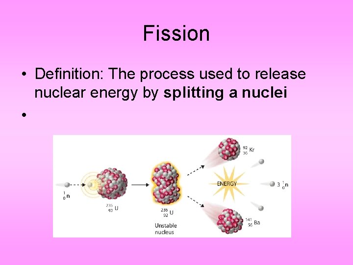 Fission • Definition: The process used to release nuclear energy by splitting a nuclei