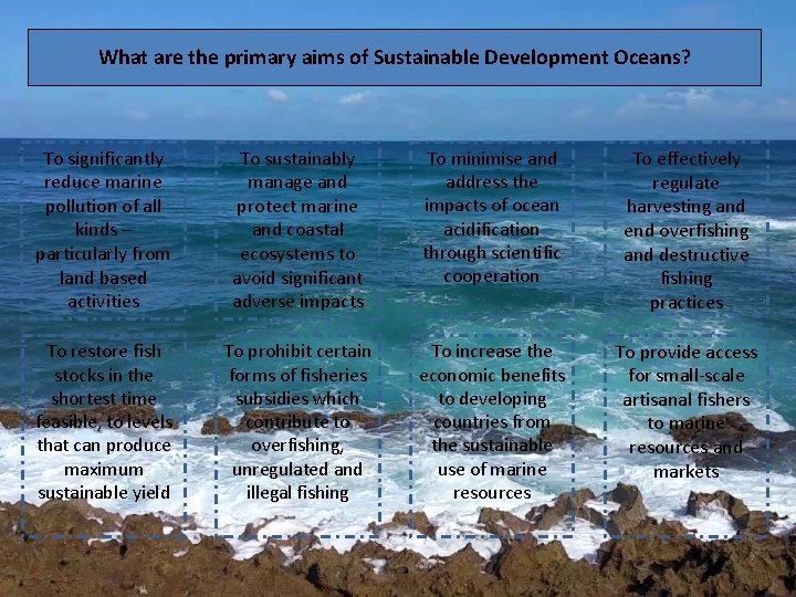 What are the primary aims of Sustainable Development Oceans? To significantly reduce marine pollution