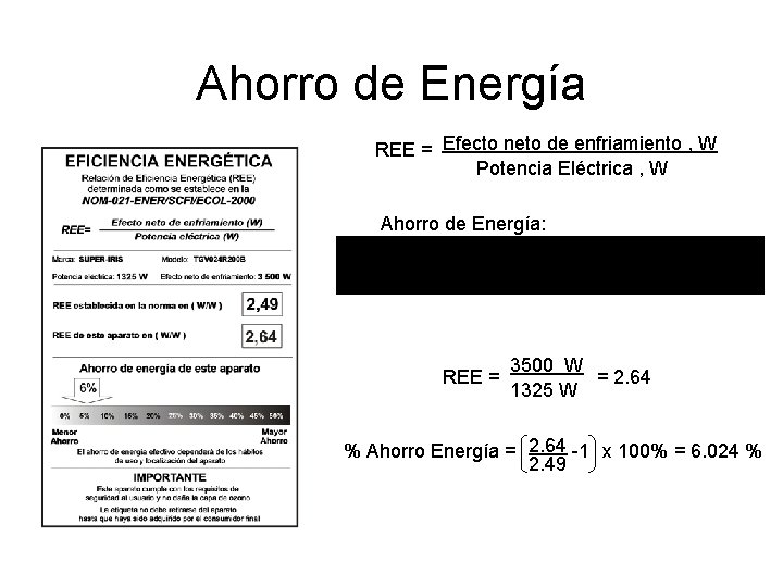 Ahorro de Energía REE = Efecto neto de enfriamiento , W Potencia Eléctrica ,