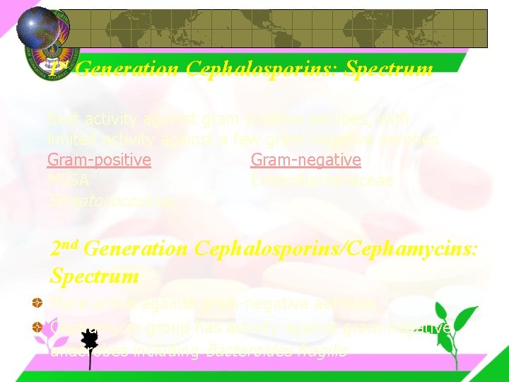1 st Generation Cephalosporins: Spectrum Best activity against gram-positive aerobes, with limited activity against