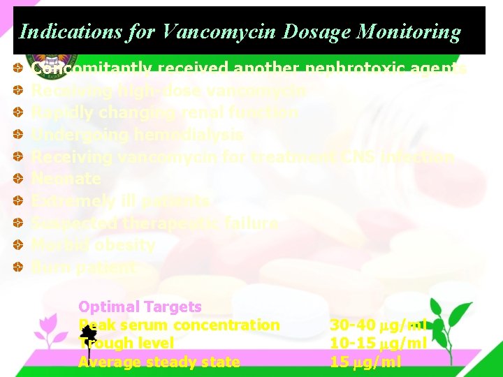 Indications for Vancomycin Dosage Monitoring Concomitantly received another nephrotoxic agents Receiving high-dose vancomycin Rapidly