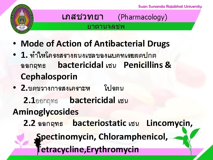 เภสชวทยา (Pharmacology) ยาตานจลชพ • Mode of Action of Antibacterial Drugs • 1. ทำใหโครงสรางผนงเซลของแบคทเรยผดปกต ออกฤทธ