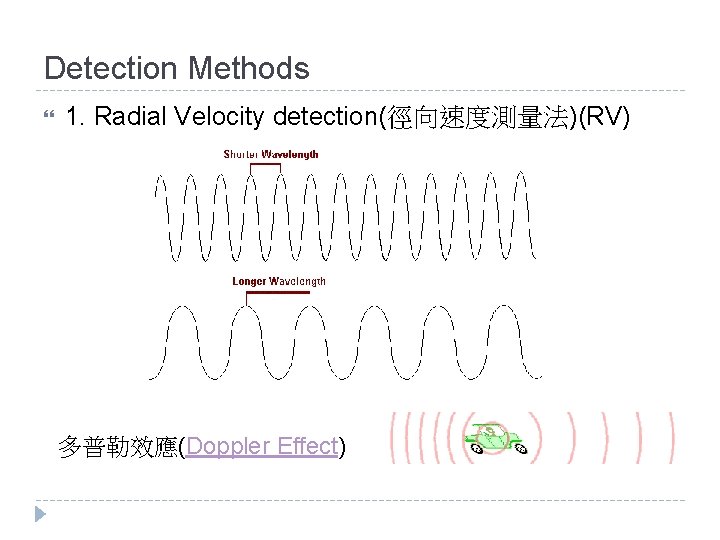 Detection Methods 1. Radial Velocity detection(徑向速度測量法)(RV) 多普勒效應(Doppler Effect) 