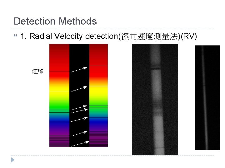 Detection Methods 1. Radial Velocity detection(徑向速度測量法)(RV) 紅移 
