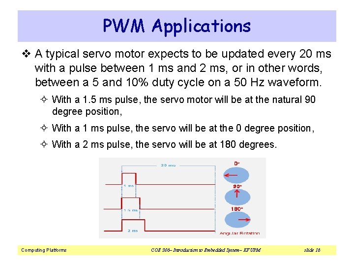 PWM Applications v A typical servo motor expects to be updated every 20 ms