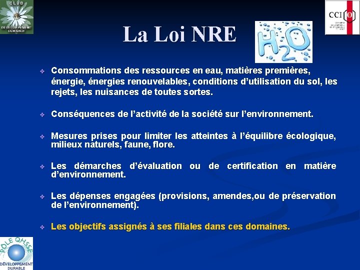 La Loi NRE v Consommations des ressources en eau, matières premières, énergie, énergies renouvelables,