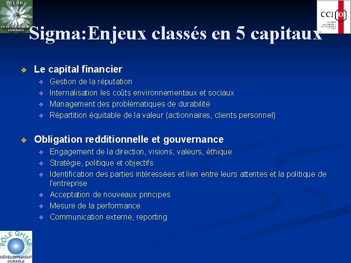 Sigma: Enjeux classés en 5 capitaux v Le capital financier v v v Gestion