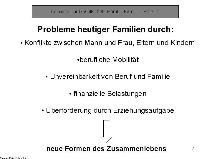 Leben in der Gesellschaft: Beruf - Familie - Freizeit Probleme heutiger Familien durch: •