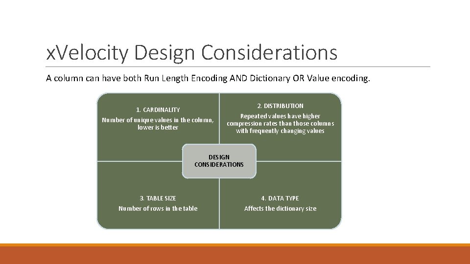x. Velocity Design Considerations A column can have both Run Length Encoding AND Dictionary