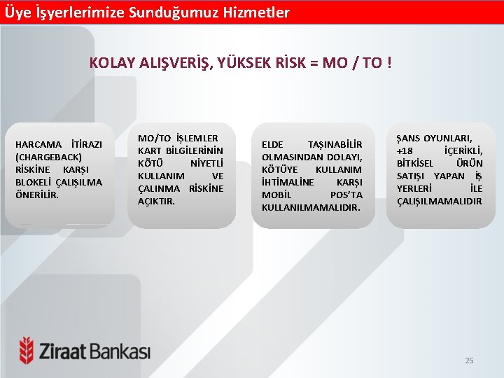 Üye İşyerlerimize Sunduğumuz Hizmetler KOLAY ALIŞVERİŞ, YÜKSEK RİSK = MO / TO ! HARCAMA