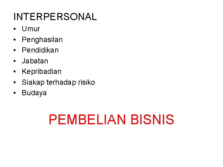 INTERPERSONAL • • Umur Penghasilan Pendidikan Jabatan Kepribadian Siakap terhadap risiko Budaya PEMBELIAN BISNIS