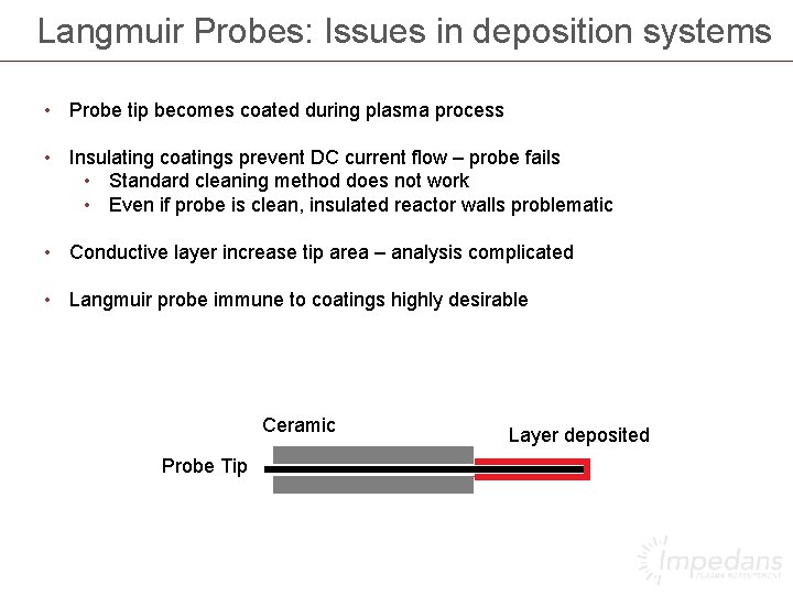 Langmuir Probes: Issues in deposition systems • Probe tip becomes coated during plasma process