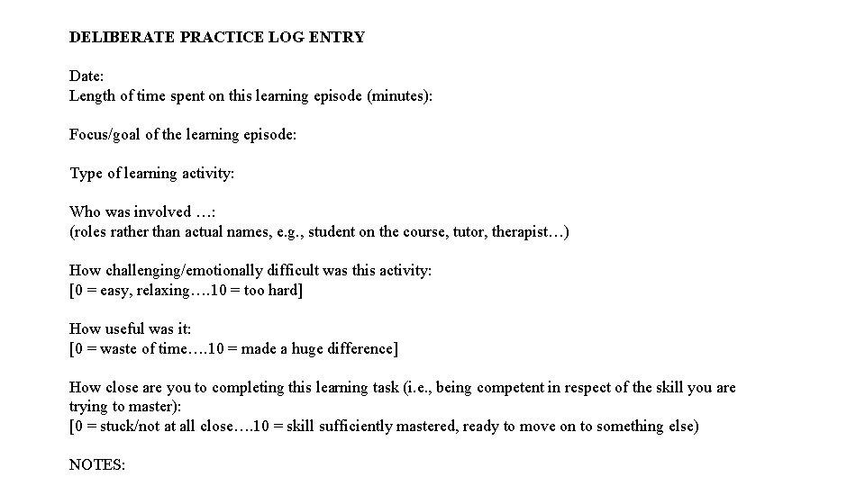 DELIBERATE PRACTICE LOG ENTRY Date: Length of time spent on this learning episode (minutes):