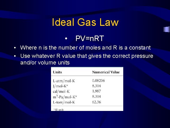 Ideal Gas Law • PV=n. RT • Where n is the number of moles