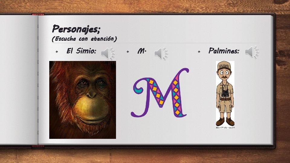 Personajes; (Escucha con atención) ◈ El Simio: ◈ M. ◈ Palmines: 