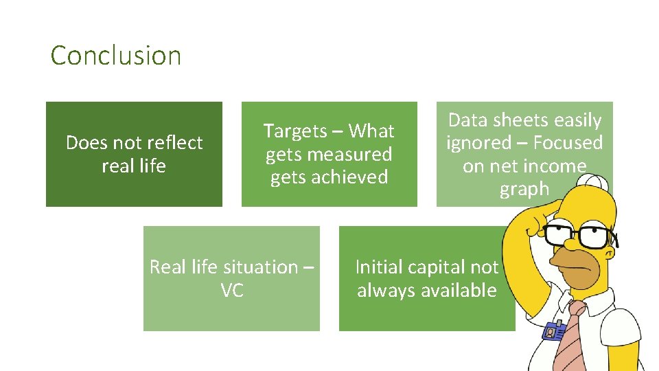 Conclusion Does not reflect real life Targets – What gets measured gets achieved Real