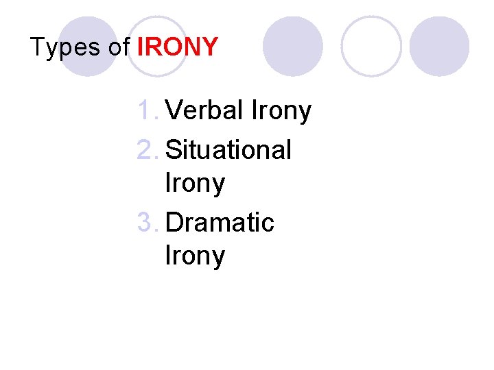 Types of IRONY 1. Verbal Irony 2. Situational Irony 3. Dramatic Irony 