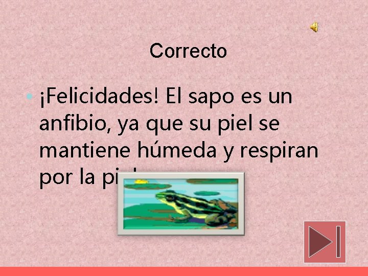 Correcto • ¡Felicidades! El sapo es un anfibio, ya que su piel se mantiene