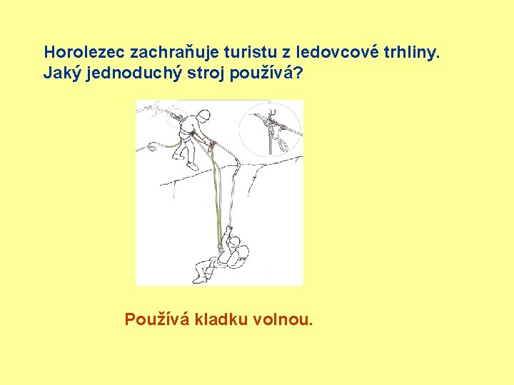Horolezec zachraňuje turistu z ledovcové trhliny. Jaký jednoduchý stroj používá? Používá kladku volnou. 