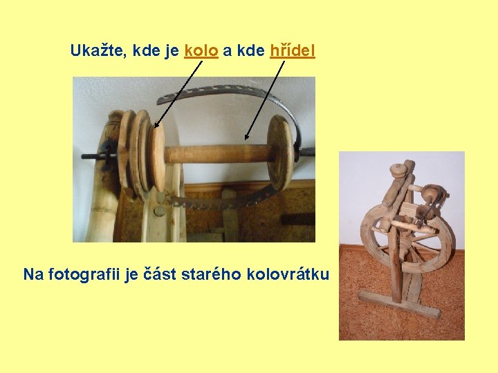Ukažte, kde je kolo a kde hřídel Na fotografii je část starého kolovrátku 