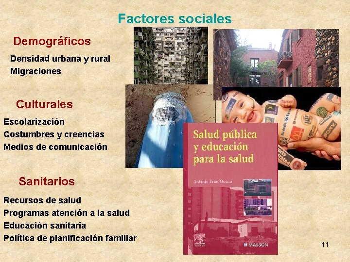 Factores sociales Demográficos Densidad urbana y rural Migraciones Culturales Escolarización Costumbres y creencias Medios