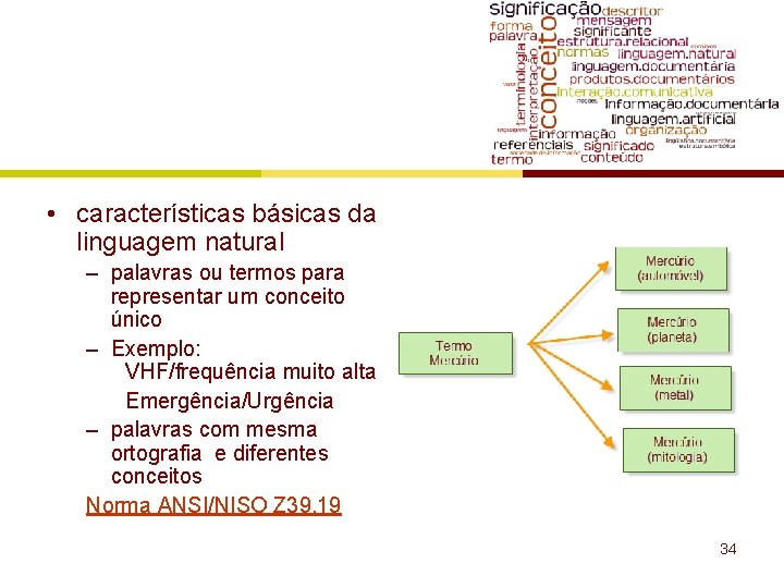  • características básicas da linguagem natural – palavras ou termos para representar um